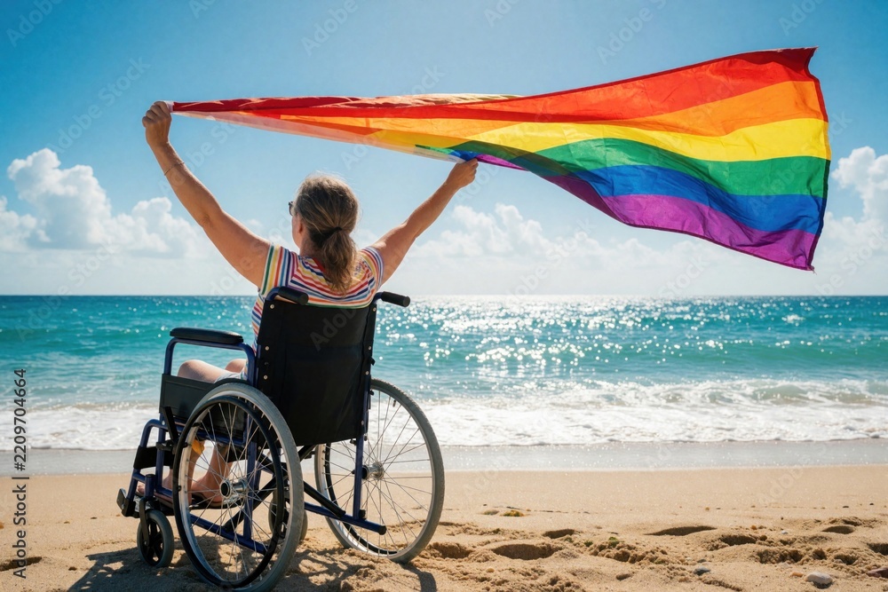 Obraz premium Disabled woman in wheelchair holds large rainbow pride flag on sunny beach. Person celebrates LGBTQ identity near blue ocean waves. Summer vacation concept with sea, sand, sky. Freedom, inclusion for