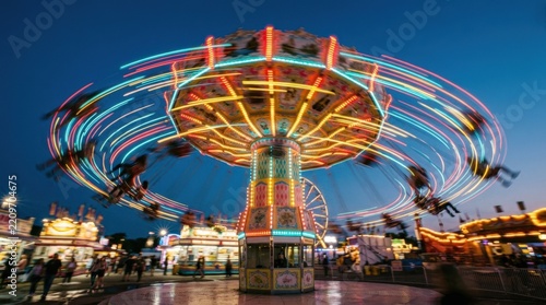 Colorful amusement-park swing ride spinning at night, dynamic long-exposure photography, riders blurred into radial streaks, vivid red, yellow and cyan lights against a deep blue sky, energetic