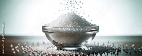White artificial sweetener powder in clear glass bowl on dark wooden table. Neotame crystals fall from top into bowl. Close up shot with copy space for text. High potency low calorie food additive