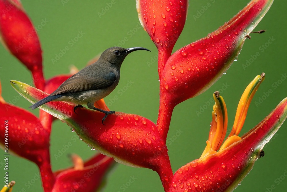 Obraz premium Small Seychelles sunbird perches on bright red heliconia flower. Tropical bird with long curved beak sits on wet blossom after rain. Colorful wildlife in exotic garden shows nature beauty with nectar