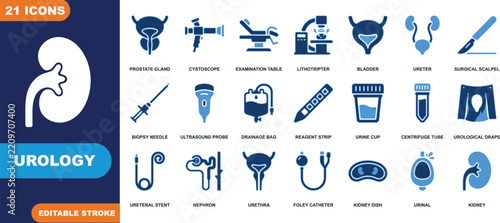Blue and white flat icons set for urology with kidney nephron bladder and surgical scalpel