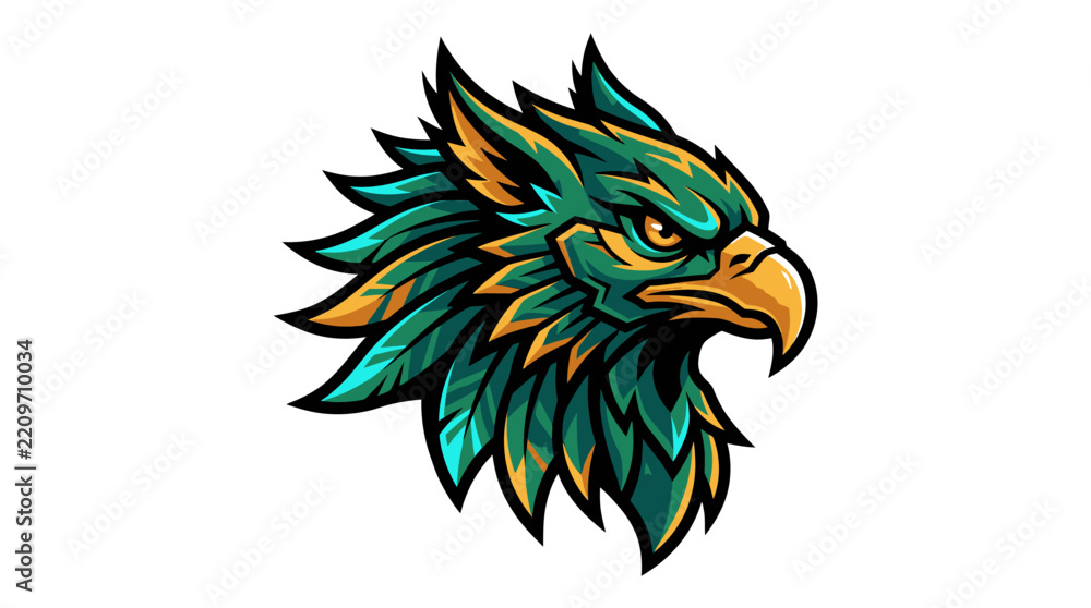 Fototapeta premium Eagle Head Mascot Logo Design in Stylized Vector Style with Teal and Gold Colors