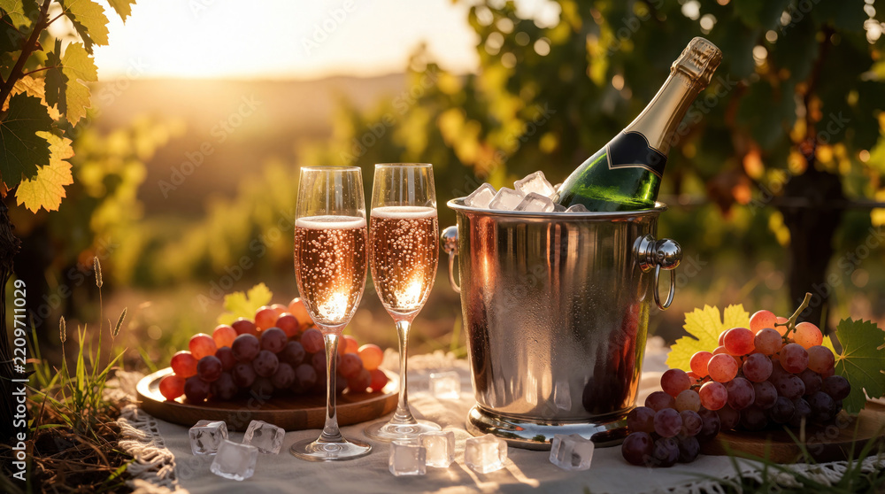 Obraz premium Romantic picnic in vineyard with chilled champagne in silver ice bucket. Two glasses of sparkling wine sit near red grapes on cloth. Golden sunset light illuminates outdoor celebration during summer