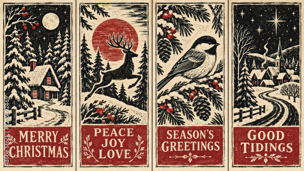 Fototapeta premium Vintage Christmas Bookmark Set with Winter Village Deer Bird and Snowy Cabin