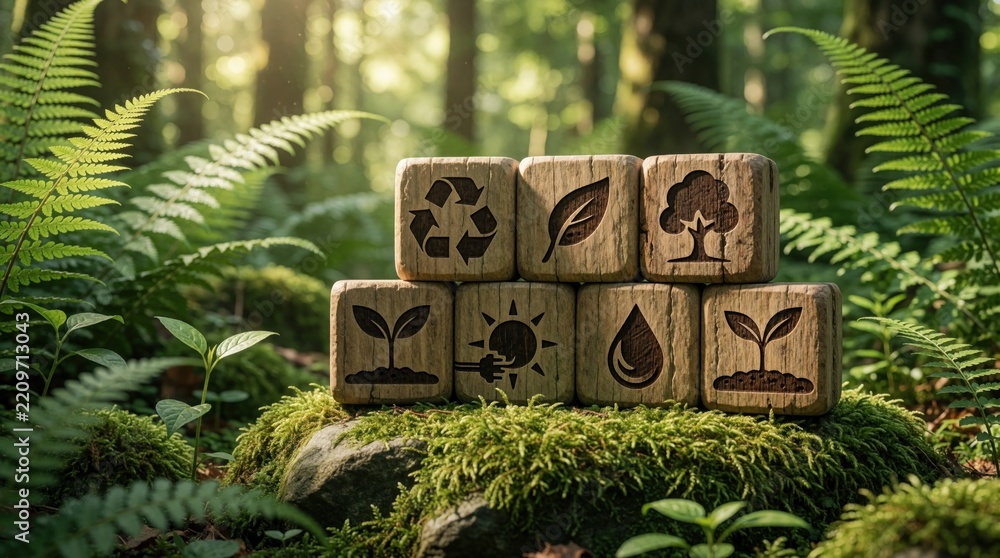 Obraz premium Wooden blocks with eco symbols sit on mossy rock in forest. Blocks show recycling, leaf, tree, sun, water, plant icons. Sustainable living concept promotes green energy, nature conservation in serene