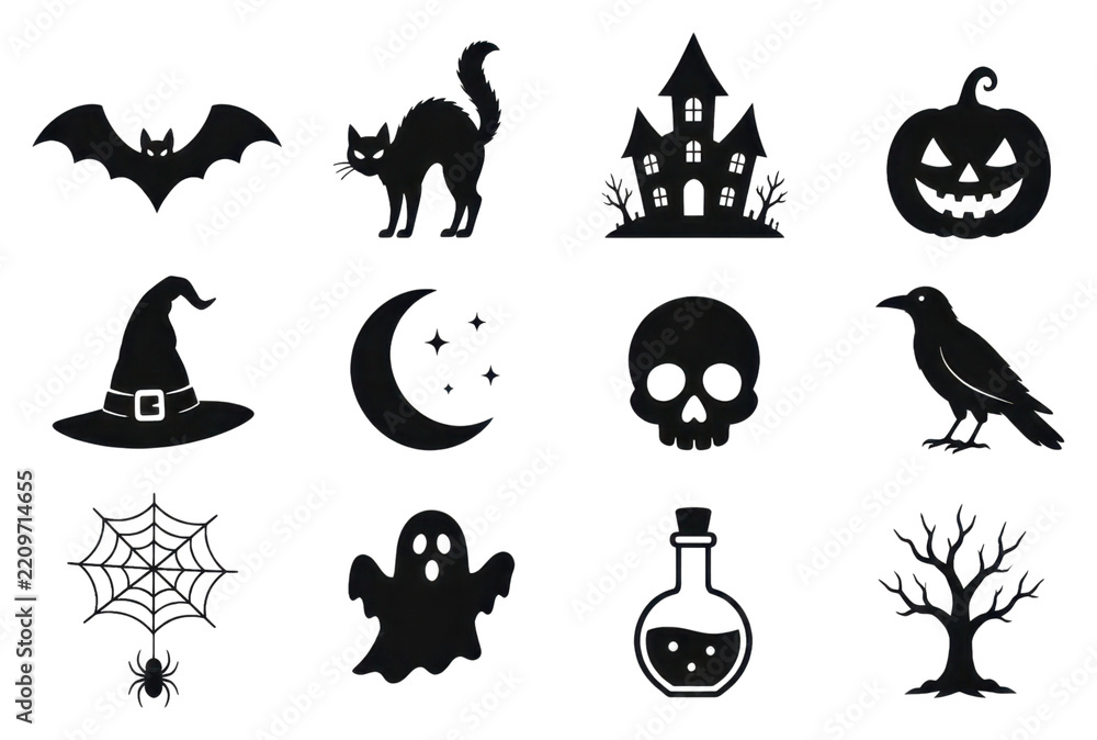 Fototapeta premium PNG Halloween icon set with bat, cat, pumpkin, skull, witch hat