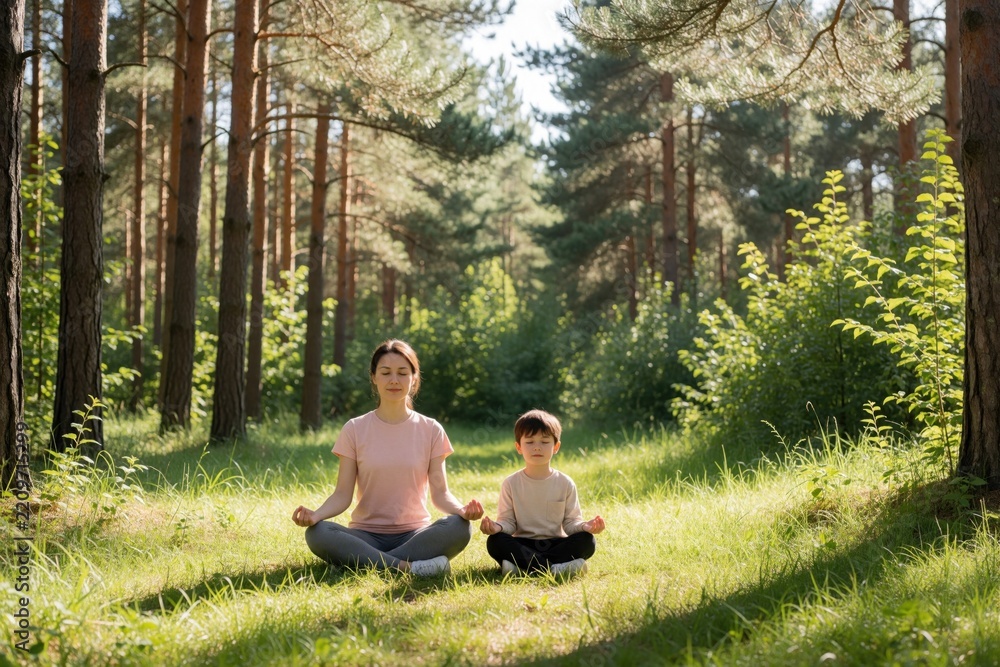 Obraz premium Mother, young son practice yoga meditation in sunny forest clearing. Woman, child sit on grass mindfulness exercises together. Peaceful family enjoys wellness activities, calm lifestyle in nature.