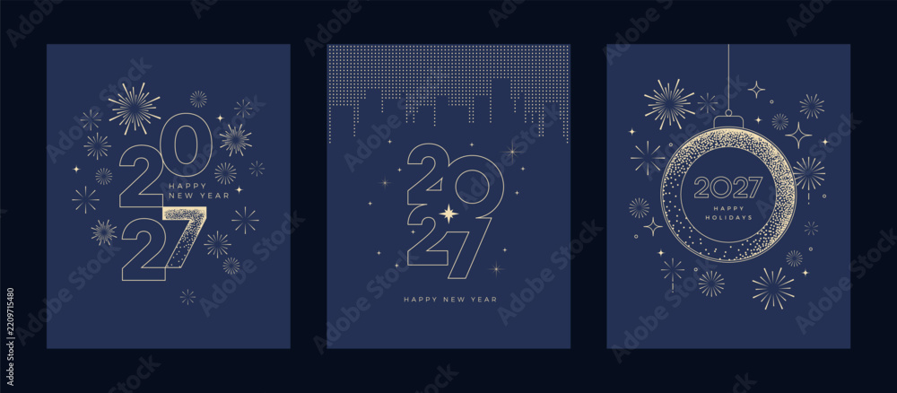 Fototapeta premium Luxury 2027 New Year card template set with gold 2027, fireworks, New Year's Eve ball, holiday city skyline on dark blue background. Elegant minimal design for corporate holiday greetings - vector