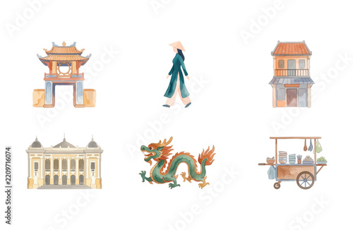 Watercolor Hanoi Vietnam Culture and Landmark Icon Set