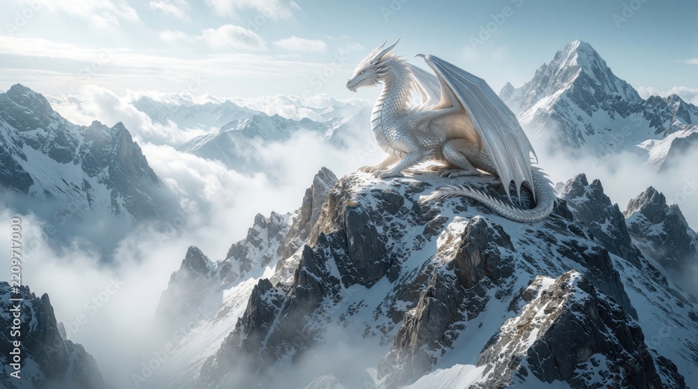 Obraz premium White dragon rests on snowy mountain peak. Giant mythical beast with folded wings sits above clouds. Fantasy creature stays on rocky cliff in cold wilderness. Epic legend monster overlooks high