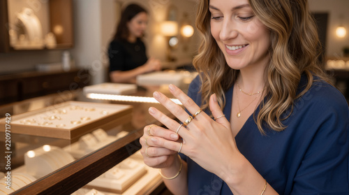 Smiling woman trying on gold rings on her finger in a jewelry store. Ideal for luxury jewelry advertisements, retail shopping catalogs, and e-commerce websites.