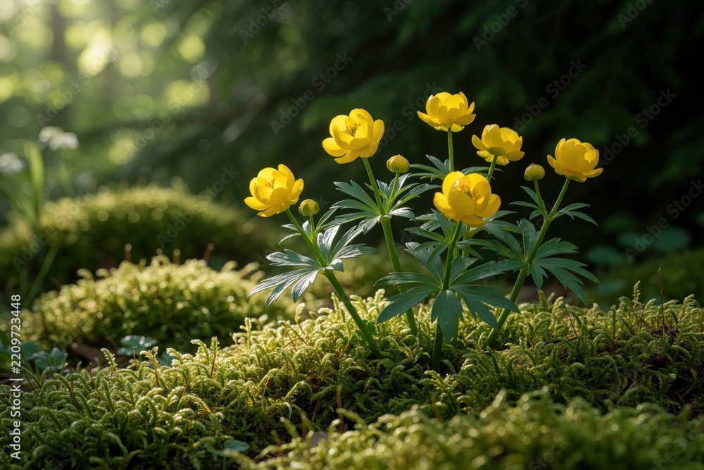 Obraz premium Bright yellow buttercup flowers grow in green mossy forest. Small wild blossoms bloom under soft sunlight in spring woods. Beautiful nature scene with fresh spring plants, vegetation in woodland