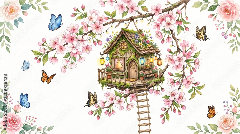 Obraz premium 3D Image Whimsical Fairy Treehouse Surrounded by Blossoming Flowers Butterflies and Enchanted Garden Elements for Magical Designs.