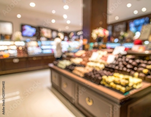 Blurred sweet shop interior showcasing various chocolates and desserts