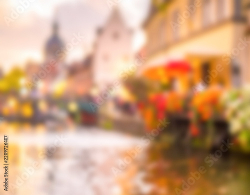 Romantic scenic canal blur background in European city