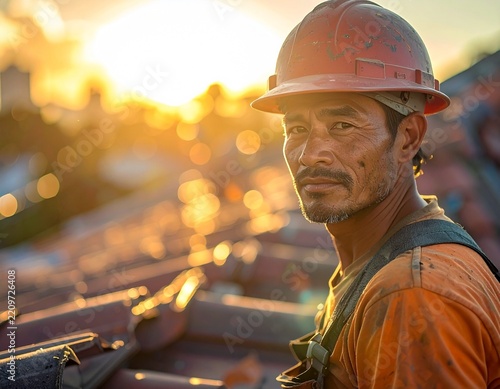Construction worker wearing hard hat looking at camera
