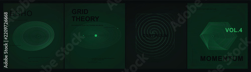 Digital vector graphic editorial layout collection featuring dark green scientific terminal interfaces with geometric wireframe grid patterns