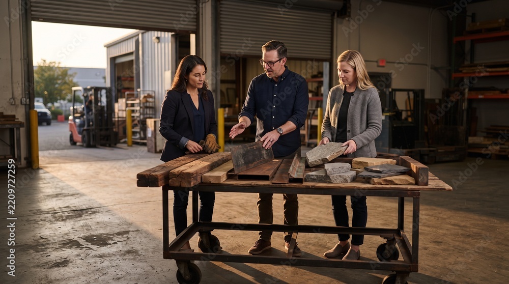 Fototapeta premium Design team approves reclaimed materials at loading bay