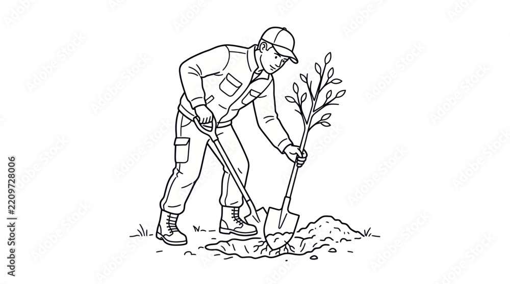 Fototapeta premium Gardener planting tree with shovel.