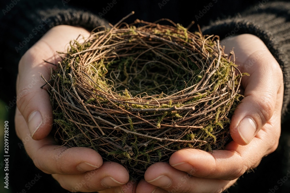 Obraz premium Close up of human hands holding small empty bird nest made of twigs, moss. Fragile natural home for avian creatures sits in palms. Concept of nature protection, wildlife conservation, environmental