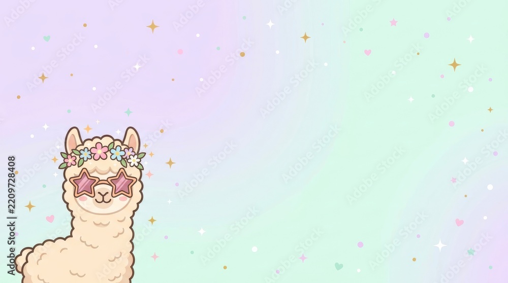 Obraz premium Cute cartoon llama wearing star shaped glasses and a flower crown on a pastel gradient background with sparkling stars and dots for kids party invitations or nursery decor