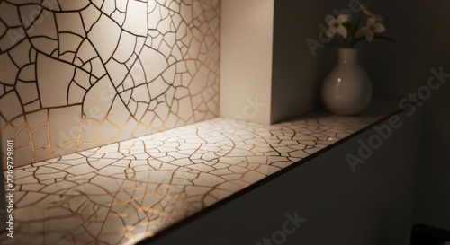 Elegant Cracked Pattern Surface with Golden Veins and White Vase with Flowers