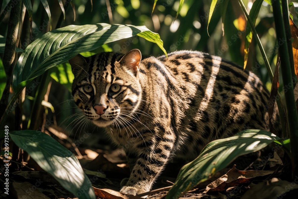 Obraz premium Wild fishing cat with spotted fur stalks through dense green jungle foliage. Small carnivore predator hides among tropical leaves in natural habitat. Rare feline animal looks forward hunting in thick
