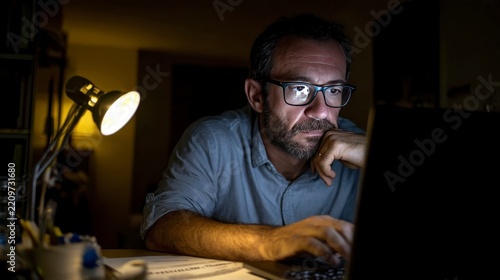 Middle-aged man wearing glasses working on laptop at night