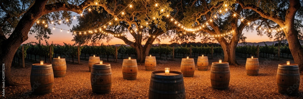 Obraz premium Bohemian wedding reception setup in vineyard at sunset. Rustic wooden barrels serve as cocktail tables with small candles. String lights hang from large oak trees. Romantic outdoor celebration decor