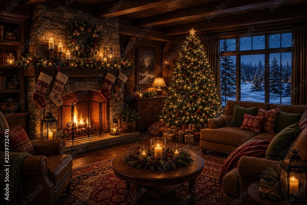 Fototapeta premium Cozy rustic Christmas living room with fireplace and tree