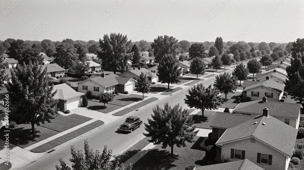 Fototapeta premium Aerial view of suburban residential street in monochrome. Vintage houses with green lawns, trees line quiet road. Classic car drives through neighborhood. Peaceful mid century community scenery shows