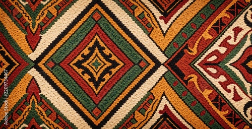 Traditional Samoan Siapo cloth with intricate geometric pattern. Ethnic Polynesian tapestry features vibrant colors like red, green, yellow, black. Authentic handmade textile shows indigenous tribal