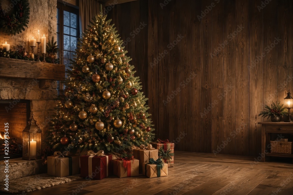 Fototapeta premium Cozy rustic living room with decorated Christmas tree