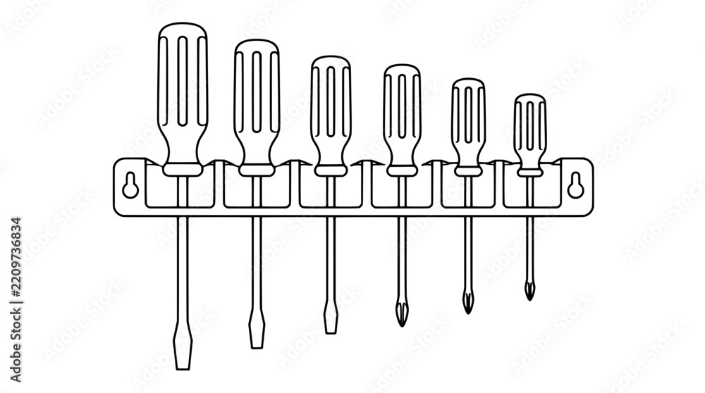 Obraz premium Black outline vector icon of a mounted rack holding a row of six screwdrivers with ribbed handles and varied tips decreasing in size rendered in medium uniform lines emphasizing organized storage