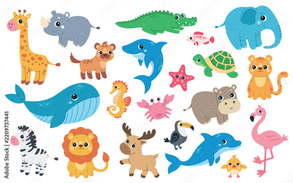 Obraz premium A big collection of cute wild animals, African safari fauna, and colorful sea creatures designed for kids educational materials and nursery prints