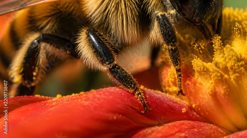 Extreme Close up of Bee Legs Covered in Pollen on a Vibrant Flower