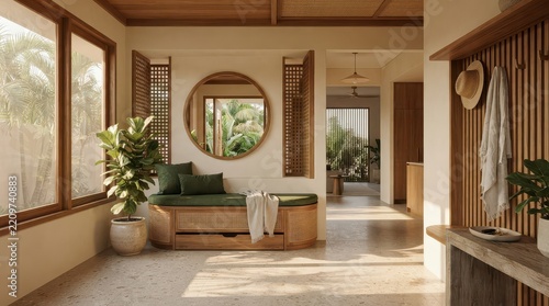 Tropical foyer with rattan bench round mirror and indoor plants