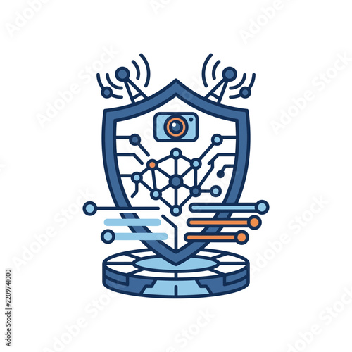 Digital Cybersecurity Shield Icon with Circuit Network and Surveillance Camera Symbols
