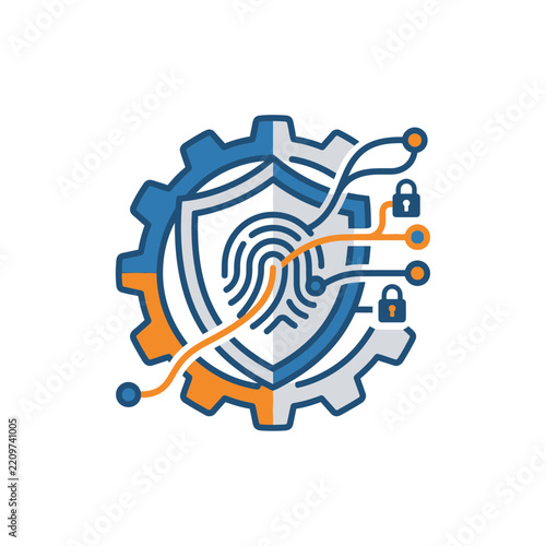 Digital Cyber Security Protection Icon with Biometric Fingerprint Shield and Mechanical Gear System