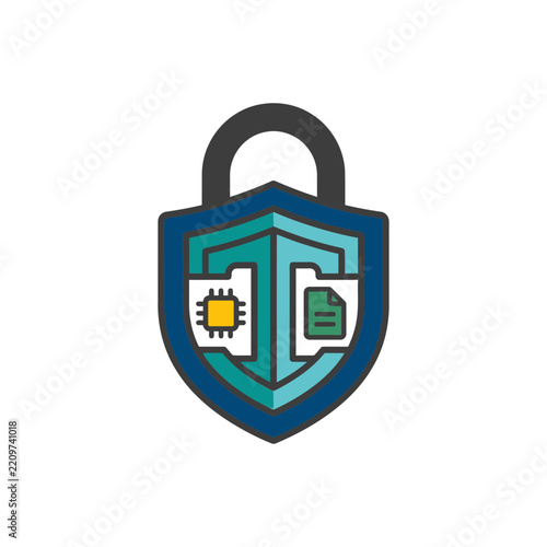 Digital Data Protection Shield with Padlock Hardware Chip and File Icon