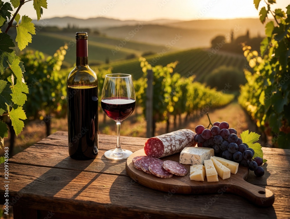 Obraz premium Red wine bottle, glass stand on wooden table in sunny vineyard. Charcuterie board with salami, cheese, purple grapes sits nearby. Beautiful sunset landscape view over green hills, grape rows during