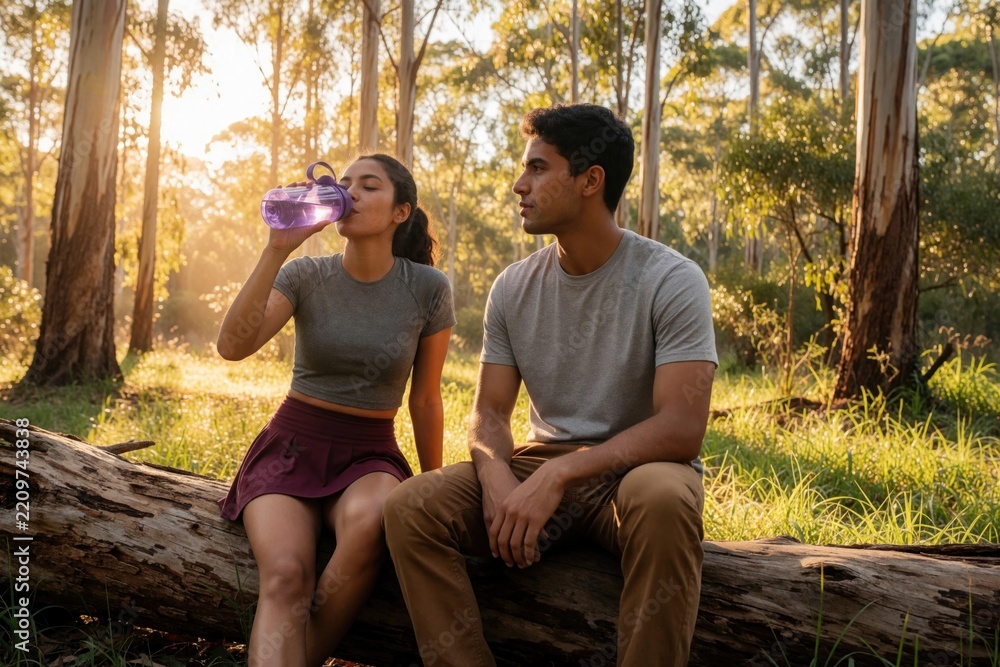 Obraz premium Young Latino man, woman rest on fallen tree log in sunny forest. Fit friends drink water from purple bottle after outdoor workout. Happy couple enjoys nature, talking, recovering during active