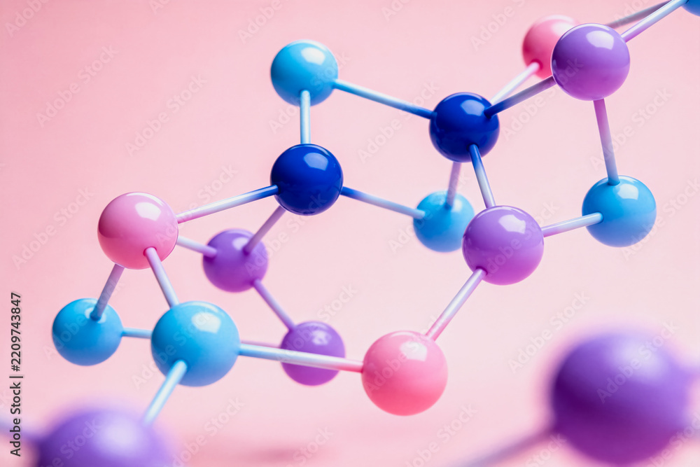 Obraz premium A 3D molecular structure model, representing atomic bonds and chemical compounds for scientific and educational use.