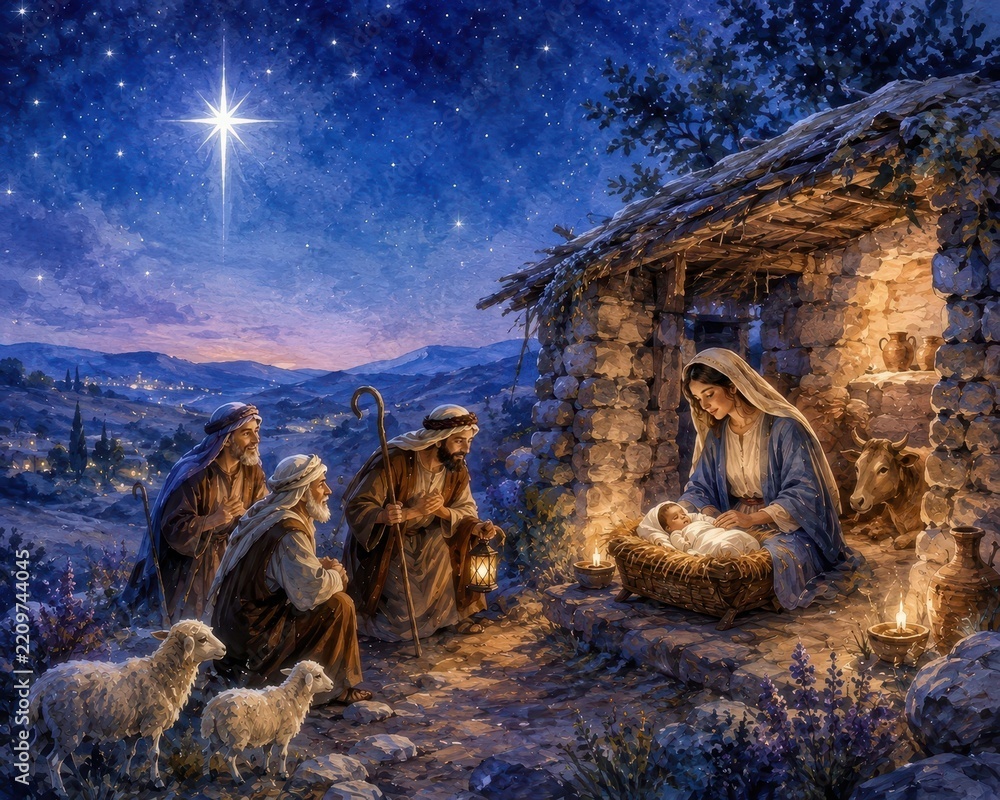 Fototapeta premium Nativity scene beneath a brilliant star in a moonlit Bethlehem