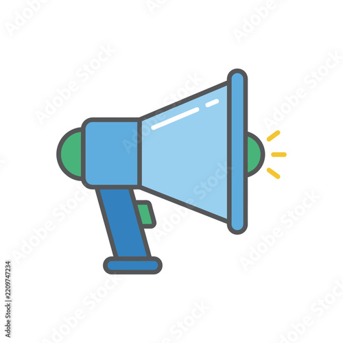Flat design megaphone icon in blue and green colors for marketing and communication.