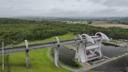 Filkirk Wheel from a drone, Forth and Clyde Canal, Falkirk, Scotland, UK