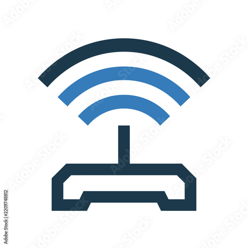 Wireless router icon broadcasts strong internet connection signals.