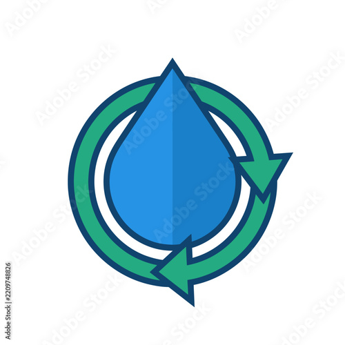 Water droplet recycling symbol features vibrant blue and green tones.