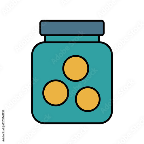 Jar filled with bright yellow coins on a crisp white background.