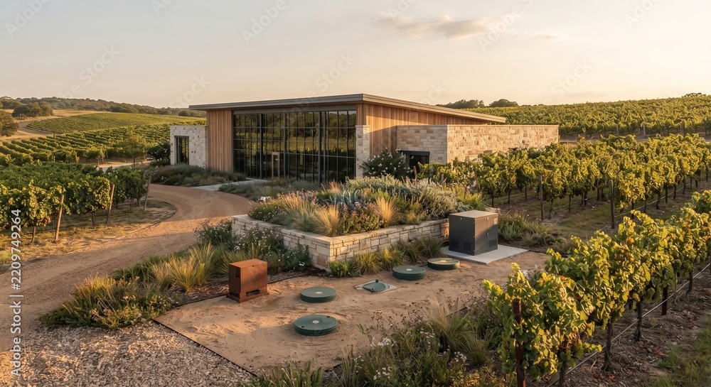 Naklejka premium Geothermal energy system installed at modern sustainable winery surrounded by lush green vineyard rows during sunset